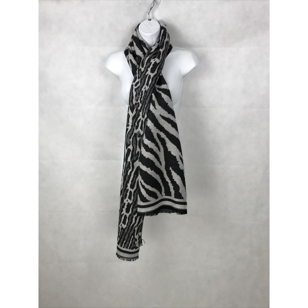 Youngoia SRL Boutique Scarf Black Gray Leopard Zebra Cotton Lana Wool Fringe NWT
